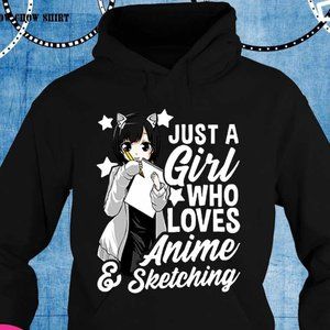 Just A Girl Who Loves Anime & Sketching Hoodie Sz XL Drawing Black Sweatshirt